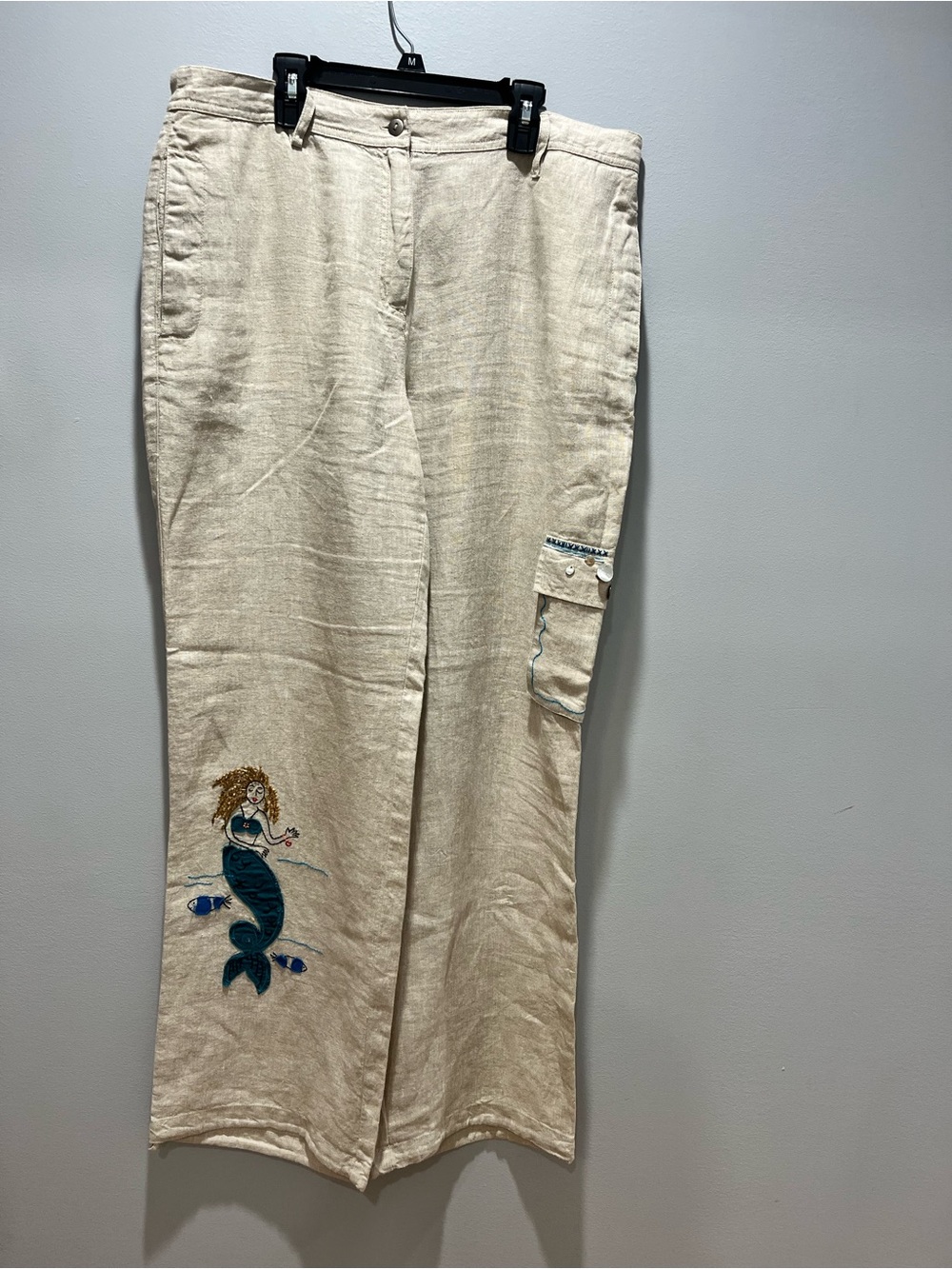 Women Chicos Vintage Linen Pants Size 2 Beige Mermaid Fish Embroidery Cargo Art